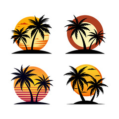 Sun set with Palm Tree Set, palm tree black silhouette on sun middle background