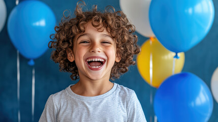 Sticker - Happy child with curly hair smiling in front of colorful balloons