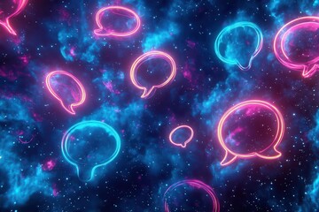 Wall Mural - playful array of neon speech bubbles swirling in a cosmic void, electric pinks and blues colliding, 