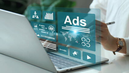 Wall Mural - online advertising concept.digital advertising analytics and video ads campaigns by using ai to anal