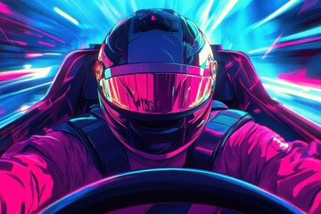 Wall Mural - race driver’s intense gaze pierces through a neon-lit cockpit, crimson and blue hues reflecting off 