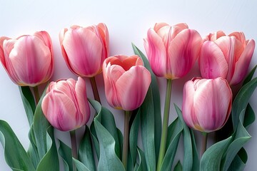 Wall Mural - Pink Tulips With Fresh Green Leaves