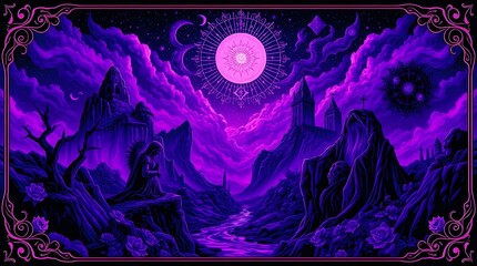 Wall Mural - A mystical landscape unfolds beneath a vibrant pink moon, casting its glow over jagged, mountainous terrain and a flowing river. The sky is a tapestry of swirling clouds and celestial symbols