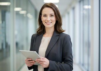 professional woman holding tablet smiling in modern office hallway