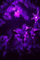 Wall Mural - Three small creatures, resembling 2 kangaroos and a koala are illuminated by a purple light among pine branches. The scene is mystical and whimsical, enhanced by star-shaped lights hanging above.