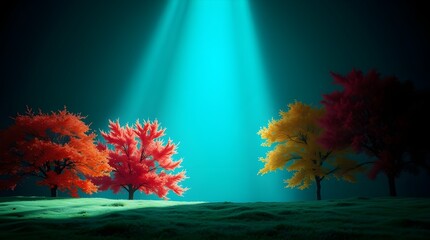 Wall Mural - A row of colorful trees, including red and yellow foliage, stands under a dramatic beam of blue light. The scene appears both serene and mystical, with a soft, glowing ambiance.