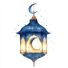 Wall Mural - Blue and Gold Ornamental Lantern with Crescent Moon Watercolor Illustration