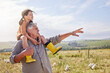 © peopleimages.com - Girl, grandfather and teaching at farm, outdoor and smile on shoulders, point and organic poultry production in summer. Senior man, kid and care in nature, love or learning with chicken in Australia