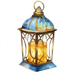 Wall Mural - Blue and Gold Watercolor Lantern with Glowing Candle