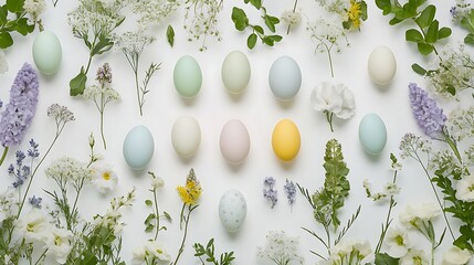 Wall Mural - Beautifully Decorated Easter Eggs Surrounded by Fresh Greenery and Flowers