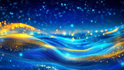 Abstract digital waves of blue and gold particles in a starry night sky background