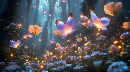 Wall Mural - a surreal flower arrangement in a mystical forest with glowing petals and butterflies