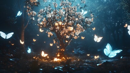 Wall Mural - a surreal flower arrangement in a mystical forest with glowing petals and butterflies