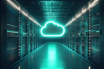 Wall Mural - server room with a luminous cloud icon hovering above sleek black racks, bright teal light cuts through, digital transformation in a minimalist tech glow.
