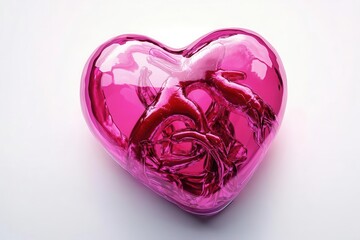 Wall Mural - shiny pink heart beats with glossy veins on a stark white void, radiating love and vitality in a bol
