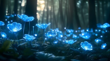 Wall Mural - a mystical scene of glowing bioluminescent flowers in a dark forest