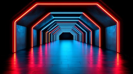 Wall Mural - Futuristic neon-lit hallway with blue and red lights reflecting on the floor, creating a vibrant atmosphere