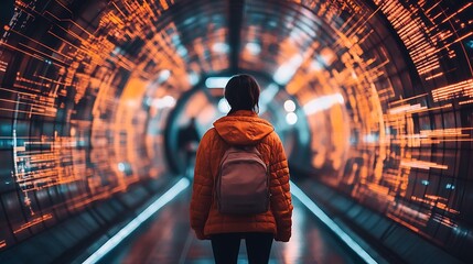 Woman walks data tunnel, future tech