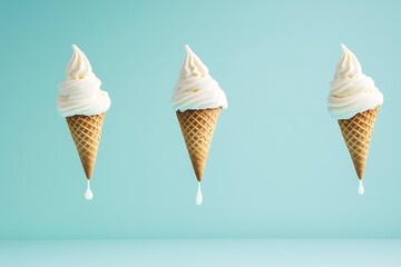 Poster - Vanilla Ice Cream in Waffle Cones, Dripping Down