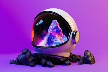 astronaut helmet, cosmic mountain, purple background, space exploration, science fiction illustratio