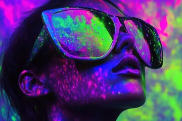 Wall Mural - surreal figure dons oversized mirrored sunglasses reflecting a kaleidoscope of neon greens and purpl