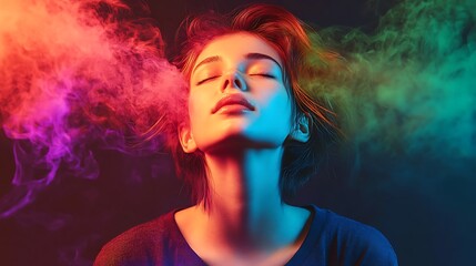 Poster - Serene woman surrounded by colorful smoke, eyes closed, illuminated by vibrant lighting.