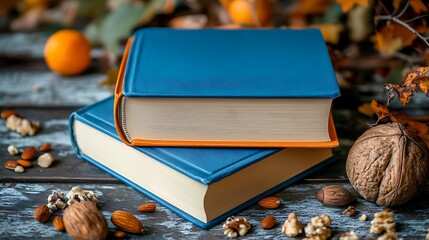 Canvas Print - Two hardcover books stacked on wooden surface with nuts and autumn leaves.