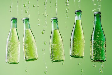 Poster - Sparkling Green Bottles with Water Drops