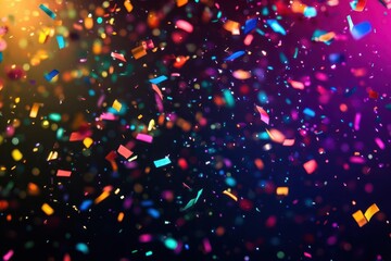 vibrant celebration scene with exploding confetti in rainbow colors against dark background, creating dynamic motion and festive energy