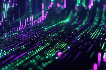 Wall Mural - vivid digital display with neon green and purple lines spiking upward on a black grid, illuminated b