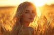 © VisionCrafter - A woman standing in a wheat field at sunset, the golden light highlighting her silhouette as the wind gently moves the stalks