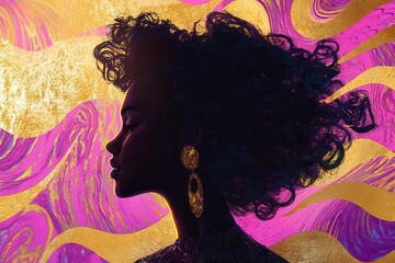 Wall Mural - vivid tribute to women’s history month with bold female silhouettes, swirling magenta and gold patte