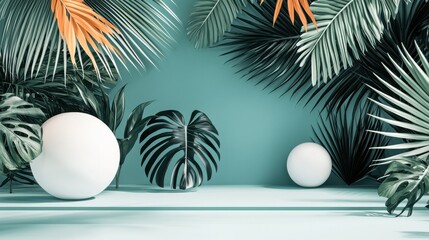 Wall Mural - tropical leaves and decorative shapes in modern indoor setting