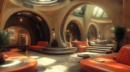 Wall Mural - Modern interior of a spacious lounge with curved architecture, vibrant orange seating, and greenery