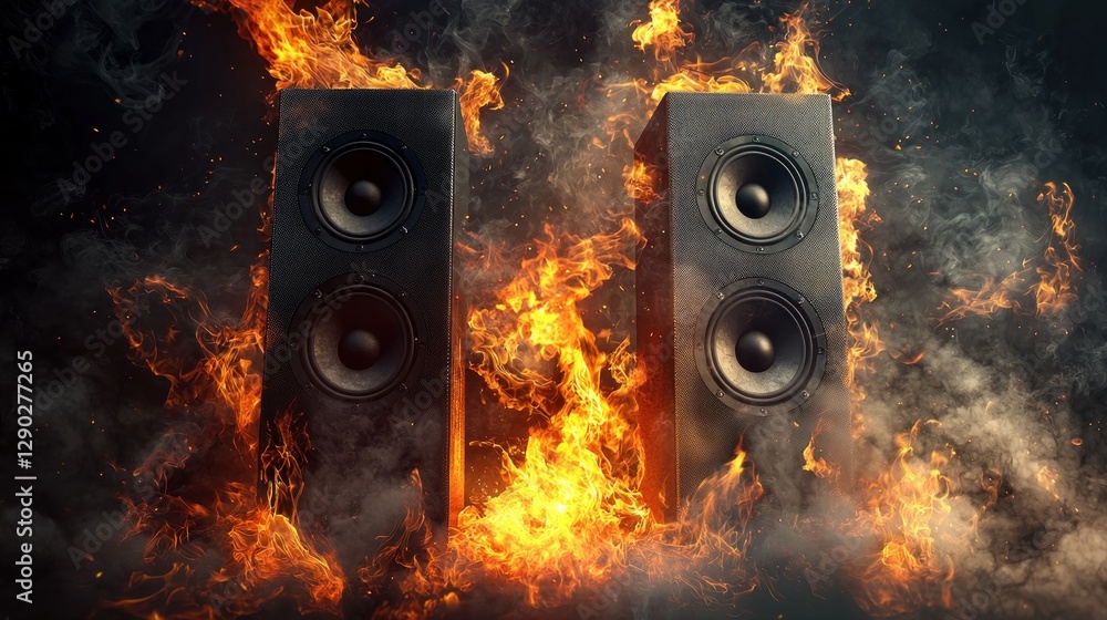 Infernal Audio: Speakers engulfed in flames, a fiery spectacle of music ...