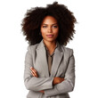 © aekkorn - Business woman portrait isolated on white transparent background, Afro businesswoman in suit, crossed arms, PNG