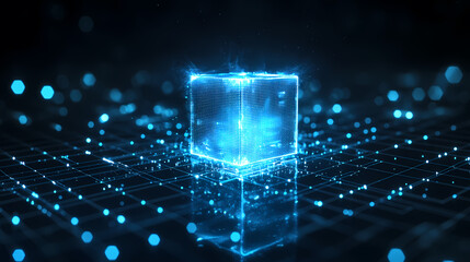 Blue glowing cube on a grid of particles
