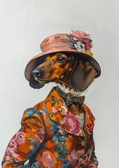 Canvas Print - Dachshund costumes wearing vintage lady fashion outfit surrealism portrait animal painting.