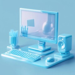Fototapete - Aqua Workspace: Minimalist Desktop Setup with Monitor, Keyboard, Speaker, and Accessories in a Unified Tone.