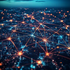 Aufkleber - City Network Connection: Aerial View of Data Flow Across Urban Landscape at Night