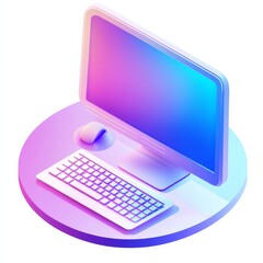 Leinwandbilder - Isometric Colorful Computer Setup on a Round Platform with Keyboard and Mouse - Minimalist Style