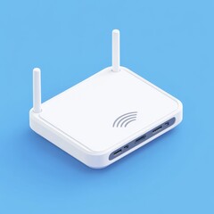 Poster - Sleek White Wireless Router with Antennas and Ports on a Blue Background, Minimalist Isometric Design