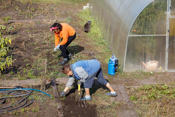 Wall Mural - Two women are working in a garden, one of them is digging a hole