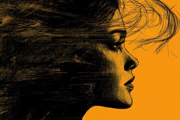 Wall Mural - Profile of a woman with flowing hair against a vibrant orange background, capturing a moment of serenity