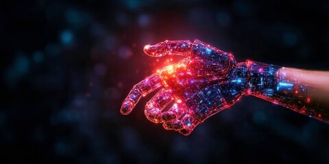 Wall Mural - futuristic robotic hand reaching out in a high-tech environment