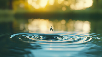 Poster - single water droplet creates ripples in calm pond at sunset, evoking tranquility