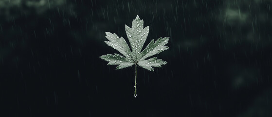 Poster - single leaf with raindrops is suspended against dark, rainy background