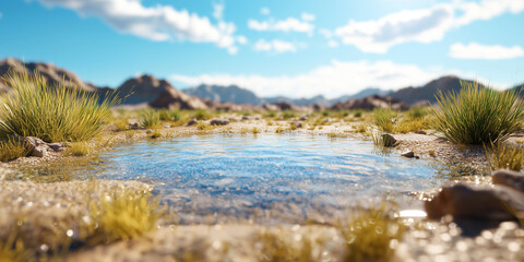 Poster - serene desert oasis with clear water reflecting sky and surrounding grass