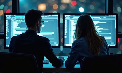 pair of programmers or tech professionals working side by side in a dark, high-tech environment, cod