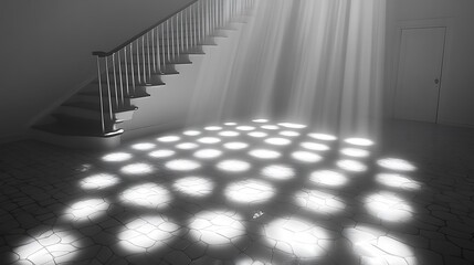 Wall Mural - Sunlight streaming through a staircase, casting patterned shadows on the floor in a serene interior